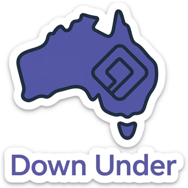 Add the wording 'Down Under' in a clean, modern font below the map of Australia with the official Microsoft Power Pages icon overlay. Use #403DAD as the main color, no digital web overlay sticker