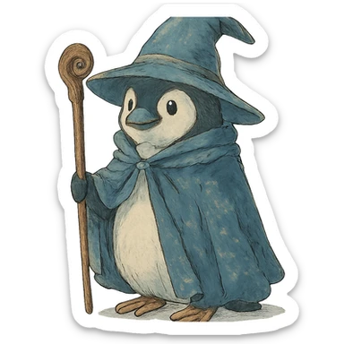 magical atmosphere penguin wizard holding a staff, wearing a wizard hat, ghibli style sticker