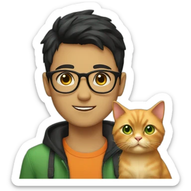 Boy with green eyes, glasses, with black short hair, with orange Persian cat sticker