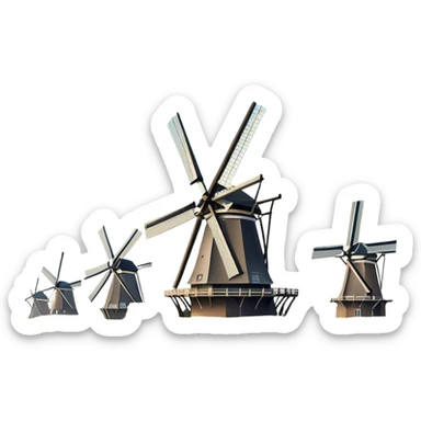 Cinematic Realistic Kinderdijk Windmills Landmark Emoji, depicted as a row of classic Dutch windmills set against a serene sky rendered with detailed textures and soft natural lighting. sticker