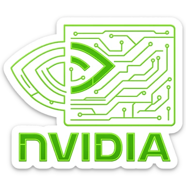 Transform the NVidia logo into a cyberpunk, holographic style with a solid, filled-in green main shape (not just outlines), glowing neon green edges, and circuit patterns throughout the entire icon. Overlay the neon and circuit effects on top of the solid green fill. Maintain the recognizable NVidia eye shape and keep the background outside the logo transparent. The whole icon should have a consistent cyberpunk glow and intricate circuit details. sticker