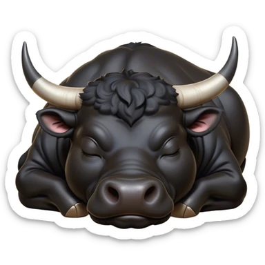 Meme-Worthy Cute Sleeping Black Bull Portrait Emoji, Head resting peacefully with a contented smile, showcasing a robust, massive build and a luxuriously soft pure black hide, eyes shut in a serene, restful nap, Simplified yet hilariously adorable features, highly detailed, glowing with a soft, drowsy light, high shine, relaxed and utterly lovable, stylized with an air of playful laziness, bright and heartwarming, soft glowing outline, capturing the essence of a comically sleepy guardian, so meme-worthy it feels like it could instantly become the next viral sensation of adorable slumber! sticker