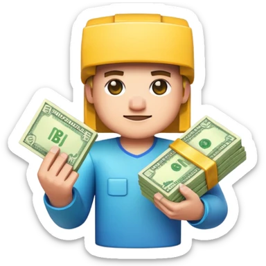 emoji style icon, minecraft blocky character holding a stack of money, pixel art style, bright colors, simple background, 3D glossy emoji, centered composition, soft shadow, high detail, clean outline, white background sticker