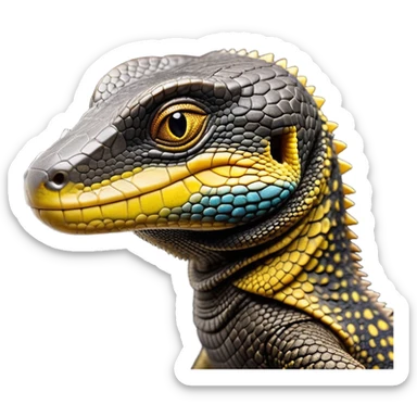 cinematic-realistic-cute-monitor-lizard-portrait-emoji,-head-tilted-playfully-and-inquisitively,-featuring-a-compact,-agile-body-with-finely-detailed,-glossy-scales-in-earthy-black and yellow-hues-and-a-distinct,-alert-face-with-bright,-curious-eyes, black , yellow spotted and green band  scales and a big long neck sticker