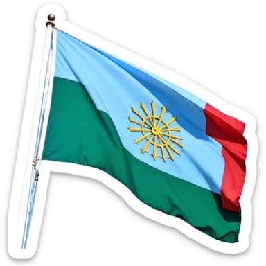 Un drapeau divisé horizontalement en deux parties égales : la partie supérieure est bleue représentant le ciel, et la partie inférieure est verte représentant la terre. Au centre du drapeau, il y a une grande roue rouge à 16 rayons, semblable à une roue de charrette.  sticker
