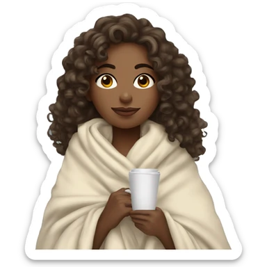 brunnette curly hair girl wrapped in big blanket drinking coffee sticker
