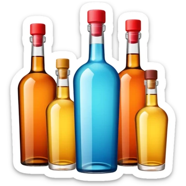 Four bottles of alcohol without labels, each with distinct shapes, arranged neatly in a row. The bottles should vary in color and size, with detailed caps. sticker