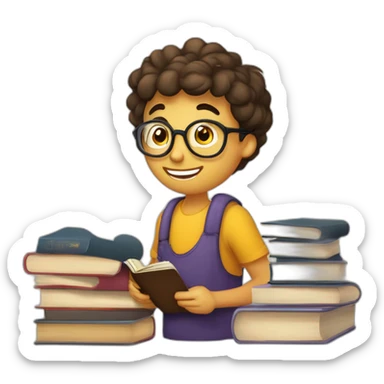 joven estudiante con  con un libro en sus manos y en su cabeza, junto a muchos libros y una lampara y un libro en su cabeza, con muchos y muchos  libros sticker