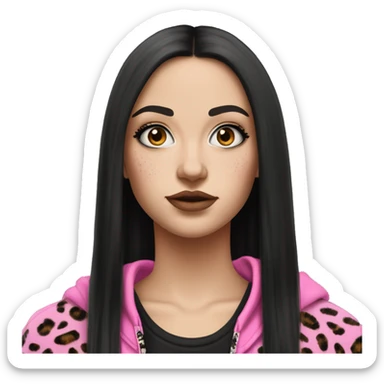 Hyperrealistic white girl with long black hair with a pink fringe and has eye makeup on, she is wearing a black and leopard print hoodie  sticker
