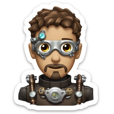 male cyborg head with brown short hair, brown beard, silver steampunk goggles and circuitry sticker
