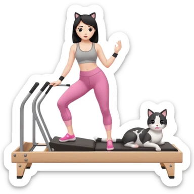 Create a Pilates emoji: a girl with fair skin and black hair, wearing a grey bra and grey leggings with pink pilates socks, doing cat-cow on a wooden reformer. Make it look at the reformer. Make the colors neutrals. sticker