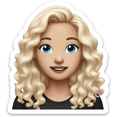 An adult white-skinned woman, with makeup, smiling, face with pink and purple glitter, blue eyes, long wavy ombre hair from brown to blonde, ring earrings, black T-shirt. sticker