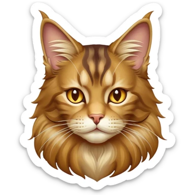 Cinematic Maine Coon Cat Portrait Emoji, Elegant and alert, sleek brown, gold, and cream tones, Simplified yet sharp features, highly detailed, glowing with a warm, confident glow, high shine, intelligent and poised, stylized with an air of grace, focused and attentive, soft glowing outline, capturing the essence of strength and grace, so lifelike it feels as though it could spring into motion with its majestic tail swishing at any moment! sticker