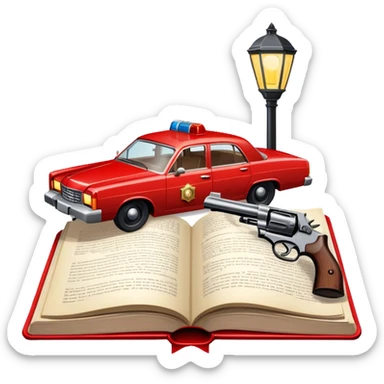 Icon for Action & Crime Reading: an open book with dramatic crime scenes—bullet holes on pages, a detective badge, a revolver and a getaway car. Surrounding elements include a flickering streetlight. Transparent background. sticker