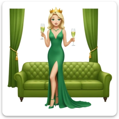 Queen, crown, blonde hair, green eyes, long green tight dress, decoltee,  Leg slit, whole Body, Background living room  sticker