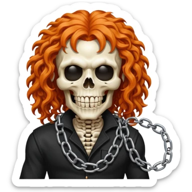 cinematic realistic steam-punk Megadeth iconic skeleton mascot with a rusty chain in his teeth, huge curly orange hair sticker