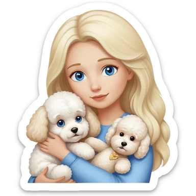 Blonde blue-eyed long-haired mother hugs two dogs-a Bichon Frise and a Teddy sticker