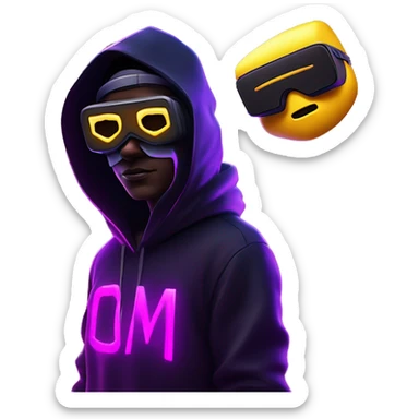 Ilon Mask wearing a black hoodie with "OMG" letters on it and VR headset oculus quest 2 in a cyberpunk VR environment with violet neon lighting. sticker