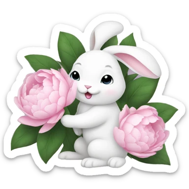cute white bunny holding light pink peonies sticker