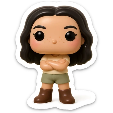 Funko Pop style vinyl figure, enhanced version: superior quality, smooth tanned skin, detailed dark hair, textured clothing with cream top and greige bottoms, dark greige leather boots clearly visible, arms crossed, rosy cheeks, very discreet freckles, mischievous and cheerful expression, no mouth, transparent background. sticker