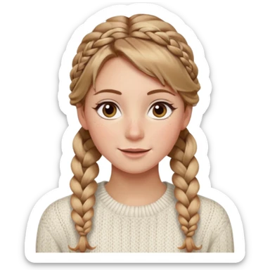 light brown hair blonde hair hazel eyes woman with a white cable knit sweater thatand one braid down her back  with tendrils of hair flowing down her face and she is happy pale, some freckles, blush. she has a cateye wing and long lashes sticker