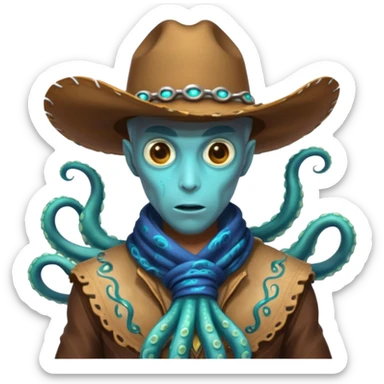 Close-up portrait of a tentacled alien cowboy, subtle glowing bioluminescent skin, tentacles partially hidden under a cowboy scarf, mysterious expression, dramatic shadow lighting, high detail, sci-fi western fusion
 sticker