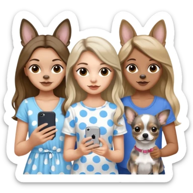 Three pretty women in cute summer clothes holding iPhone, hazel eyed light skin with dark blonde long hair and light skin hazel eyed long wavy dark hair, blue eyed light skin long blonde hair walking 2 dogs,blue and gray spotted Merle Frenchie, black and tan chihuahua  sticker