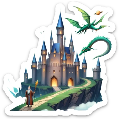 Icon for Fantasy and Sci-Fi Movies: A magical collage with flying dragons. futuristic spaceships. Stars and planets shimmer in the background with a mystical castle Hogvards and an ancient wizard holding a staff. The atmosphere is epic, otherworldly and adventurous. Transparent background. sticker