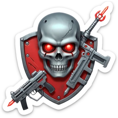 Sci-fi shield badge, terminator style skull, glowing red eyes, crossed futuristic assault rifle and energy sword, no background sticker