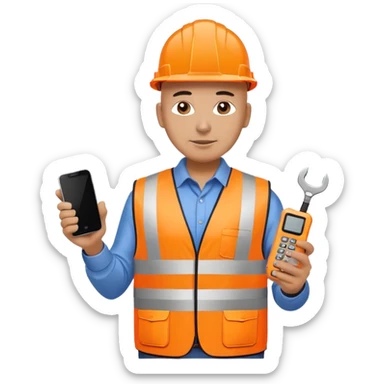 Bald Telecoms engineer in orange hi vis with white hard hat, phone and toolkit sticker