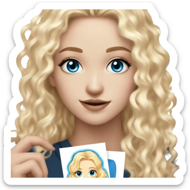 White girl with blue eyes and curly blonde hair holding a kpop photo card of newjeans sticker