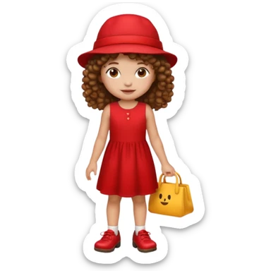 icon of a little girl with curly brown hair, light skin, red dress, red hat, brown shoes, emoji style sticker
