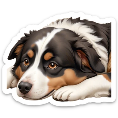 Cinematic Meme-Worthy Chubby Sleeping Tri-Color Australian Shepherd Portrait Emoji, Head resting peacefully with a contented smile, showcasing a delightfully chubby build and a luxuriously soft tri-color coat of bold black, crisp white, and warm tan, eyes shut in a serene nap, Simplified yet hilariously adorable features, highly detailed, glowing with a soft, drowsy light, high shine, relaxed and utterly lovable, stylized with an air of playful laziness, bright and heartwarming, soft glowing outline, capturing the essence of a comically sleepy Tri-Color Australian Shepherd, so meme-worthy it feels like it could instantly become the next viral sensation of adorable slumber! sticker