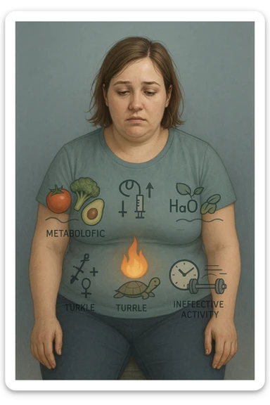 Donna tra i 25 e i 35 anni con fisico leggermente gonfio e postura affaticata, seduta con sguardo stanco. In trasparenza sul suo corpo, si vedono elementi simbolici: una fiamma metabolica molto piccola nel centro dell’addome, una tartaruga accanto a un simbolo di orologio rallentato, indicatori visivi di insulino-resistenza e squilibri ormonali. Intorno a lei: cibo sano non digerito bene, attività fisica poco efficace. Colori spenti attorno al corpo, con toni freddi e lentezza visiva. Stile realistico con elementi infografici e simbolici integrati sticker