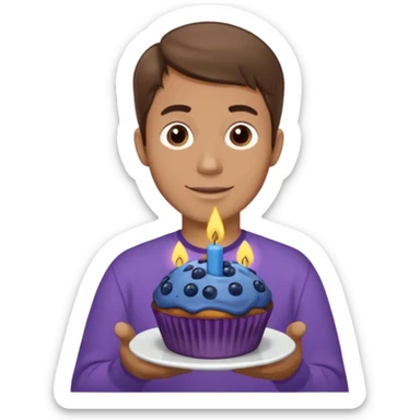 Make a white man with brown hair wearing a shirt that says happy b day Virginia holding a blueberry muffin with a birthday candle in it. Have him holding multiple muffins and no candles in hand. Have him wearing a purple shirt  sticker