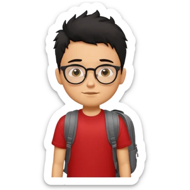 generate a pretty tan bratz boy with glasses and a backpack. black messy hair. wearing a red tshirt. sticker