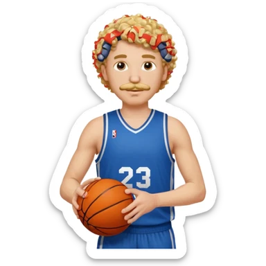 white blonde curly hair man basketball player blue jersey with mustache holding basket ball sticker