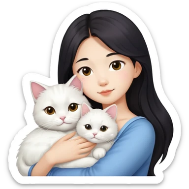 A asia girl with long dark hair and a white fluffy cat is lying on her left shoulder and neck sticker