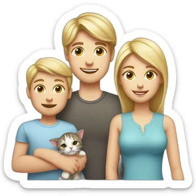 family with blond mother with straight blond hair, baby son with blond hair, brindle cat and white cat with gray spots sticker