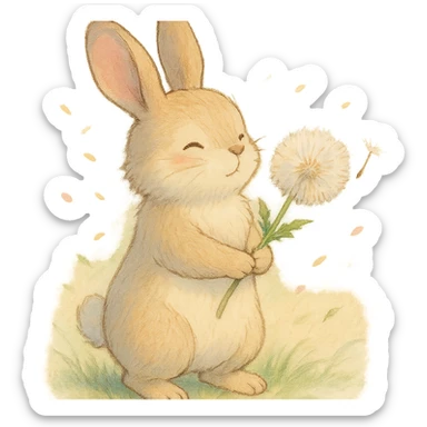 bunny holding a dandelion in the breeze, gentle spring vibe, soft pastel colors, soft Ghibli style sticker
