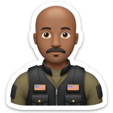 black soldier bald head, short beard that connects seamlessly to his mustache,  in black bulletproof vest sticker
