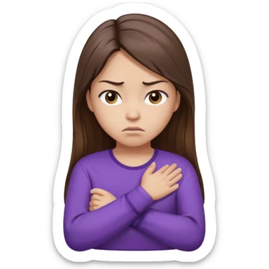 Angry Pouty girl with small asian eyes folding arms in a purple longsleeve shirt she has fair skin and long length brown hair with highlights sticker