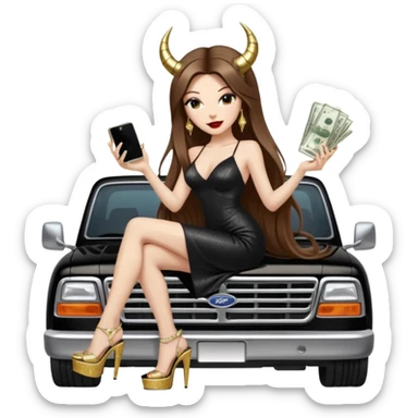 Sensual queen long brown straight haired sexy drug lord woman with  glitter platform high heels on her feet,  and devil black horns on her head, holding a stack of cash, has a phone in other hand. Sitting on the hood of a  gold ford350 pickup truck  full of drugs, long black dress with sexy slit sticker