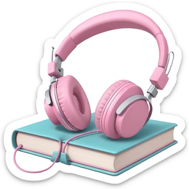  pink pair of modern headphones resting on top of a closed book, soft shadows, realistic style, calm and cozy mood, isolated on transparent background sticker