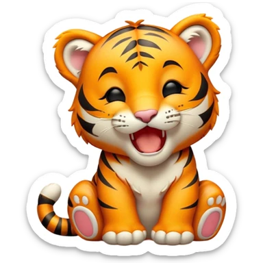 Cinematic Cute Yawning Tiger Cub Portrait Emoji, Head tilted slightly with a dramatic, wide-open yawn, showcasing a small, plush body with drowsy, half-closed eyes and an open, relaxed expression, Simplified yet irresistibly adorable features, highly detailed, glowing with a soft, cozy wild glow, high shine, relaxed yet expressive, stylized with a dash of whimsical jungle charm, soft glowing outline, capturing the essence of a drowsy yet affectionate tiger cub that appears ready to stretch out for a nap! sticker