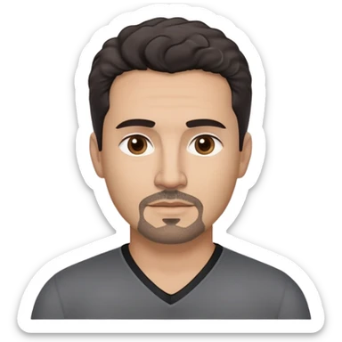 Hispanic man in his 40s with light tan skin. Square face with defined jawline. Warm dark brown eyes with calm gaze. Neutral friendly expression. Thick natural eyebrows. Black goatee with subtle gray hairs. Short curly dark hair with slight receding hairline. Wearing a black V-neck shirt. sticker