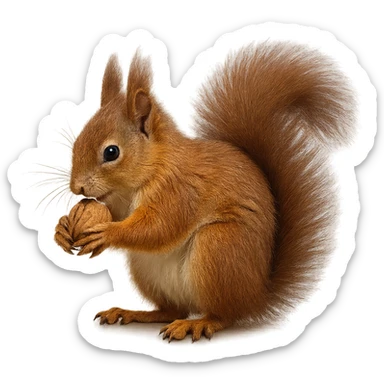 realistic red squirrel with clear fur texture cracking a nut, no background sticker