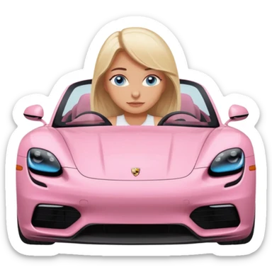 pink Porsche taycan with blonde girl, blue eyes, sitting in the car, front view point of view sticker