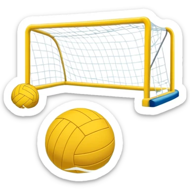 An icon featuring a yellow water polo ball floating on the water with goals in the background, inside a swimming pool. The design includes splashes and ripples, symbolizing the fast-paced action and strategy of water polo. Transparent background highlights. sticker
