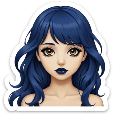 alternative / emo tan girl with very long dark blue wavy hair, bangs, brown lipstick, long black eyeliner, long eyelashes, and dark brown eyes  sticker